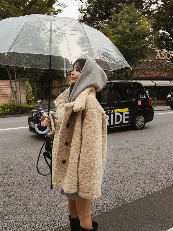 エコファーボタンハイネックポケットオーバーサイズ長袖ハーフコート | 詳細画像8