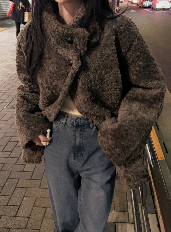 エコファーボタンハイネックポケットオーバーサイズ長袖ハーフコート | 詳細画像13