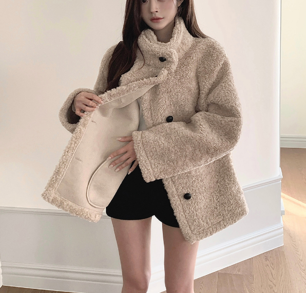 エコファーボタンハイネックポケットオーバーサイズ長袖ハーフコート | 詳細画像16