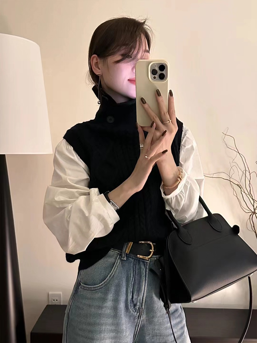 コンビボタンハイネックパフスリーブレイヤード風ルーズ長袖ケーブルブラウス | 詳細画像2