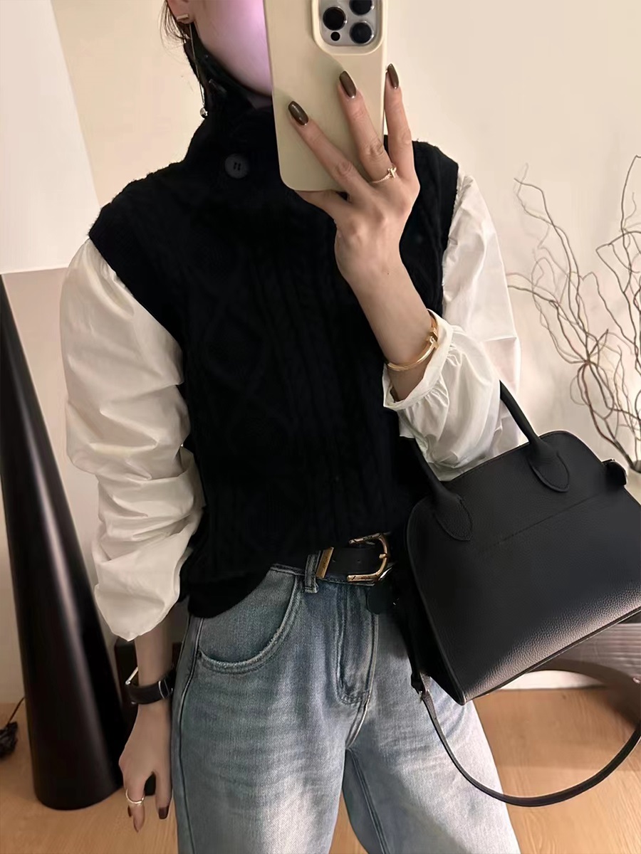 コンビボタンハイネックパフスリーブレイヤード風ルーズ長袖ケーブルブラウス | 詳細画像3