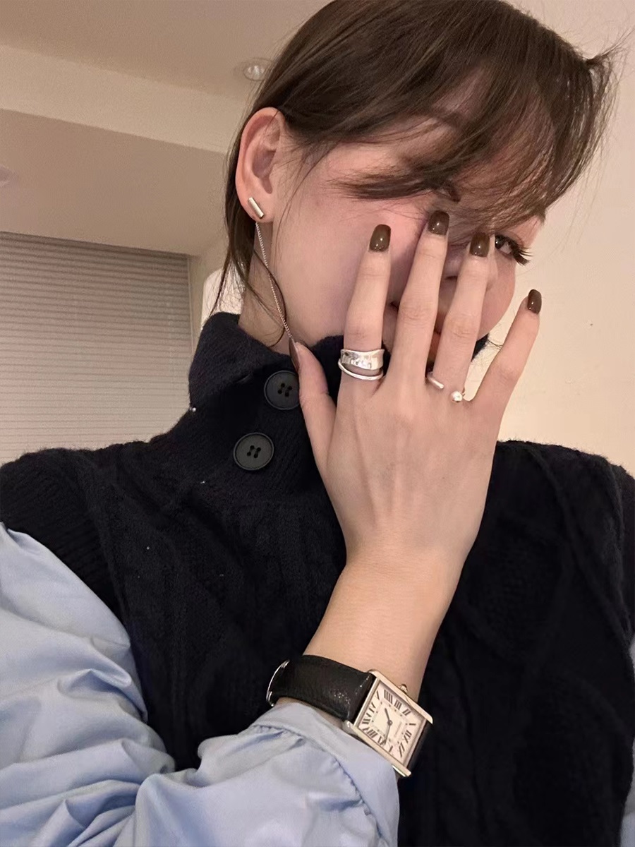 コンビボタンハイネックパフスリーブレイヤード風ルーズ長袖ケーブルブラウス | 詳細画像4