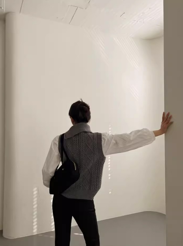 コンビボタンハイネックパフスリーブレイヤード風ルーズ長袖ケーブルブラウス | 詳細画像5