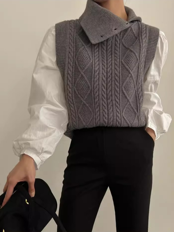 コンビボタンハイネックパフスリーブレイヤード風ルーズ長袖ケーブルブラウス | 詳細画像6