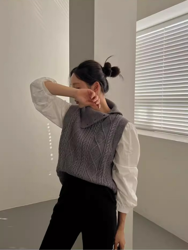 コンビボタンハイネックパフスリーブレイヤード風ルーズ長袖ケーブルブラウス | 詳細画像7