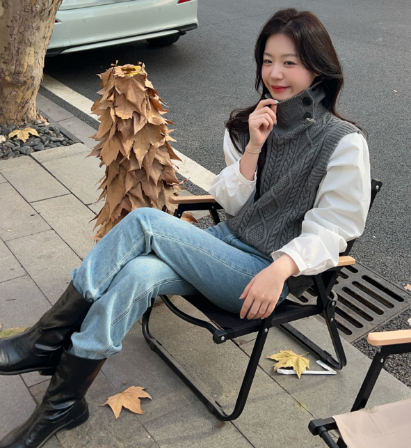 コンビボタンハイネックパフスリーブレイヤード風ルーズ長袖ケーブルブラウス | 詳細画像8