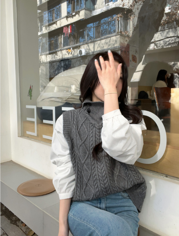 コンビボタンハイネックパフスリーブレイヤード風ルーズ長袖ケーブルブラウス | 詳細画像9