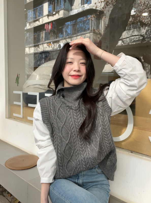 コンビボタンハイネックパフスリーブレイヤード風ルーズ長袖ケーブルブラウス | 詳細画像10