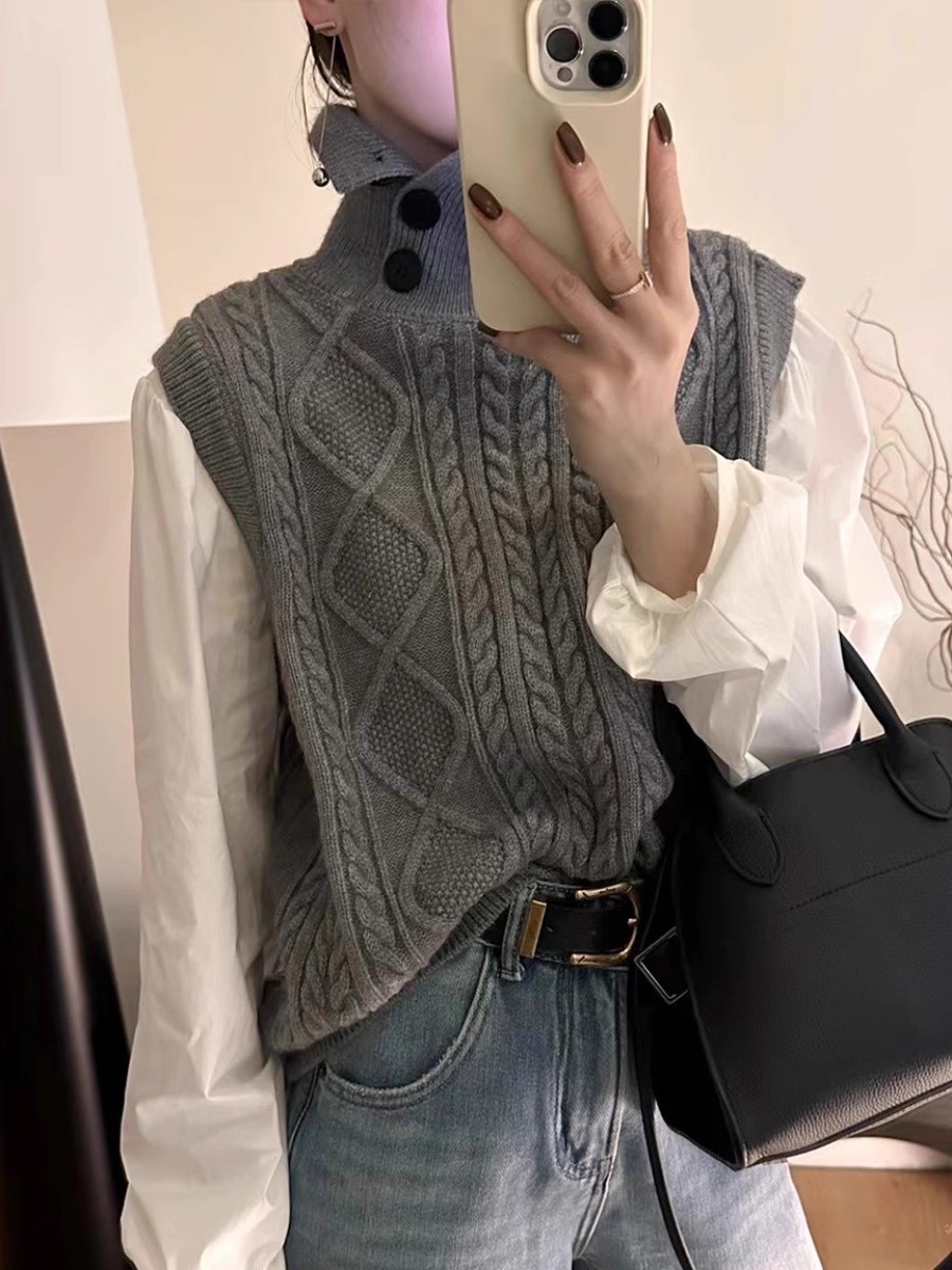 コンビボタンハイネックパフスリーブレイヤード風ルーズ長袖ケーブルブラウス | 詳細画像12