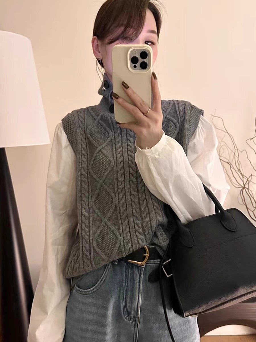 コンビボタンハイネックパフスリーブレイヤード風ルーズ長袖ケーブルブラウス | 詳細画像11