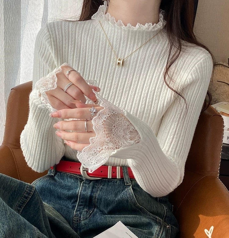 リブレースハーフネックスリムベルスリーブ長袖ニット | 詳細画像32