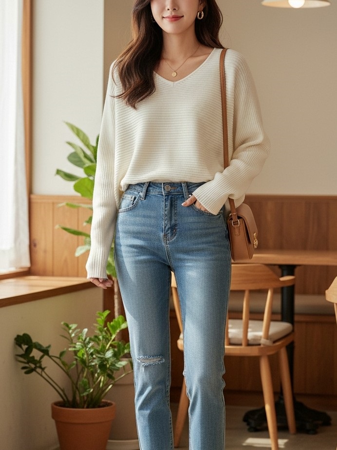 Vネックラグランルーズ長袖ボーダーニット | 詳細画像4