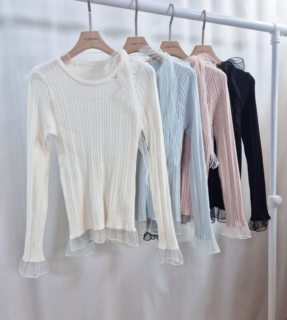 リブレースコンビリボンラウンドネックフリルスリム長袖ニット | 詳細画像14