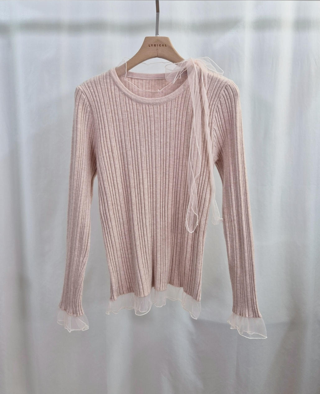 リブレースコンビリボンラウンドネックフリルスリム長袖ニット | 詳細画像12