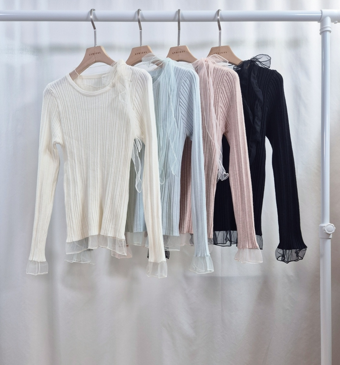 リブレースコンビリボンラウンドネックフリルスリム長袖ニット | 詳細画像8