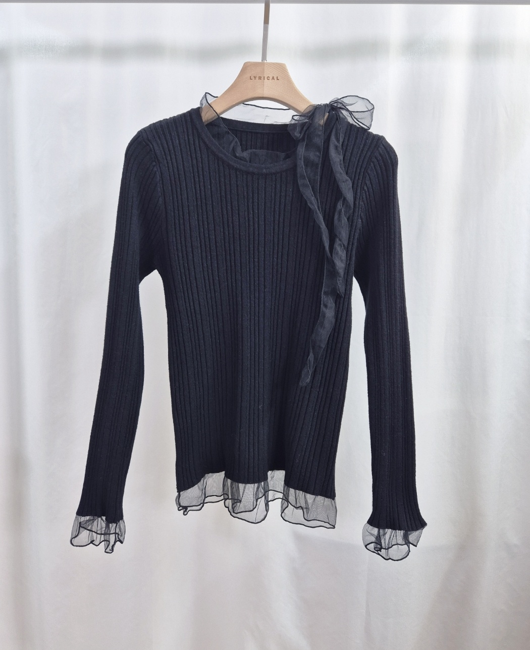 リブレースコンビリボンラウンドネックフリルスリム長袖ニット | 詳細画像11