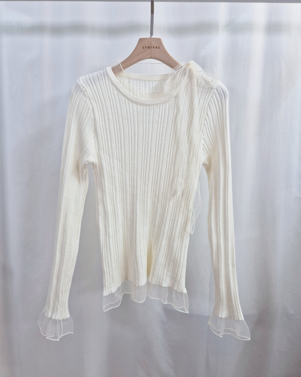 リブレースコンビリボンラウンドネックフリルスリム長袖ニット | 詳細画像9