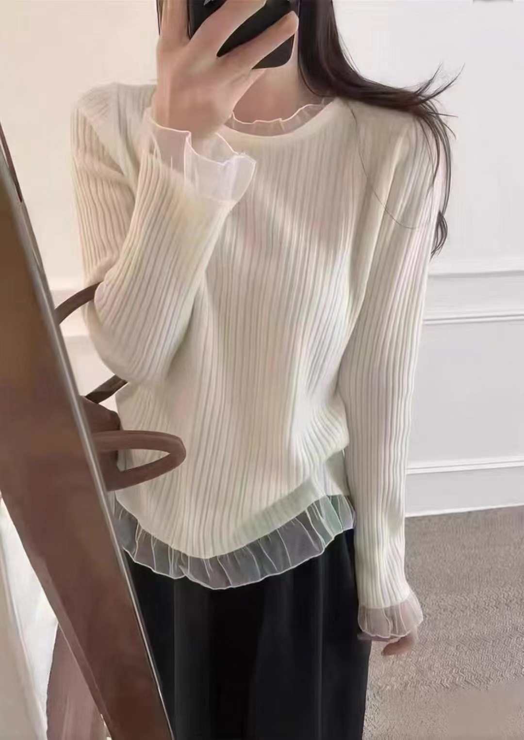 リブレースコンビリボンラウンドネックフリルスリム長袖ニット | 詳細画像7