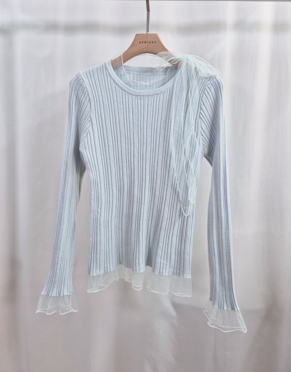 リブレースコンビリボンラウンドネックフリルスリム長袖ニット | 詳細画像13