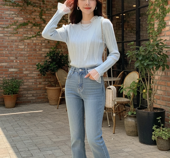 リブレースコンビリボンラウンドネックフリルスリム長袖ニット | 詳細画像3