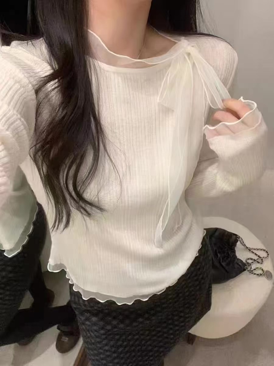 リブレースコンビリボンラウンドネックフリルスリム長袖ニット | 詳細画像6