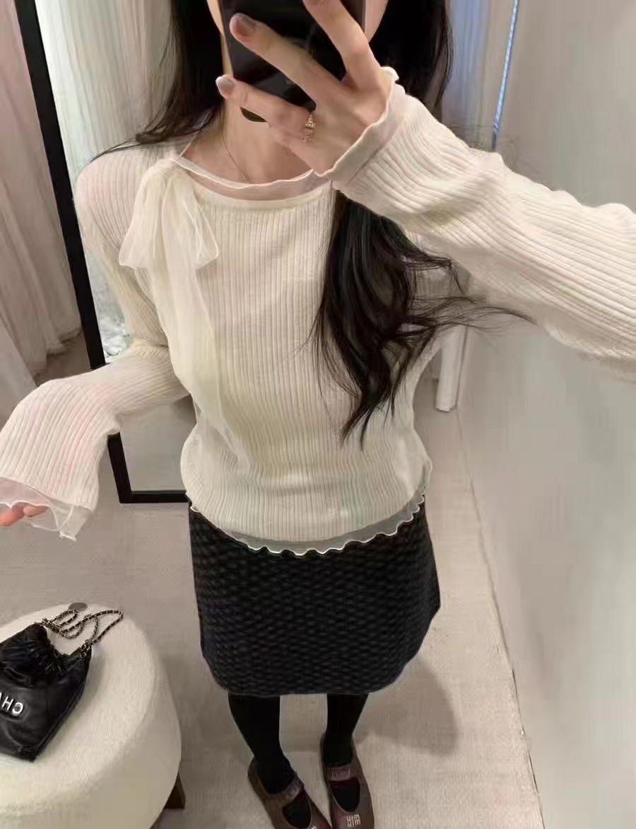 リブレースコンビリボンラウンドネックフリルスリム長袖ニット | 詳細画像2