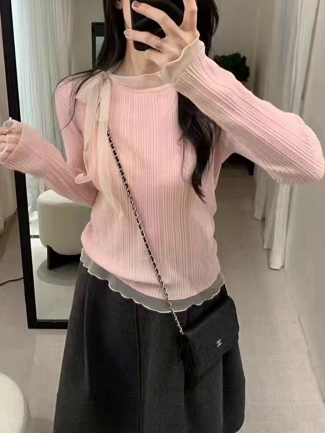 リブレースコンビリボンラウンドネックフリルスリム長袖ニット | 詳細画像5