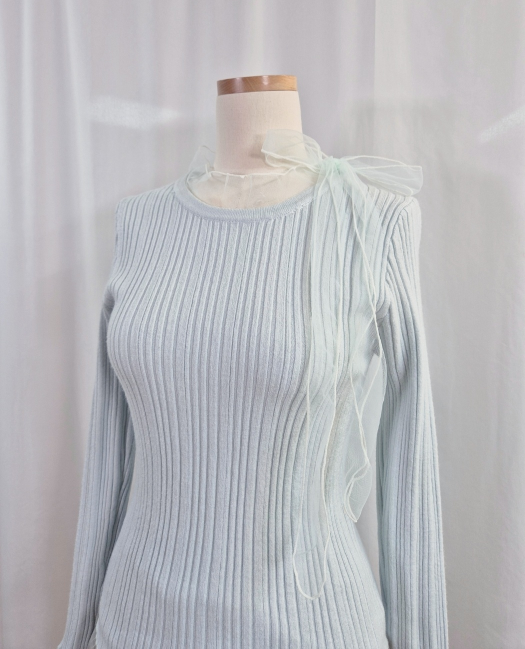 リブレースコンビリボンラウンドネックフリルスリム長袖ニット | 詳細画像15