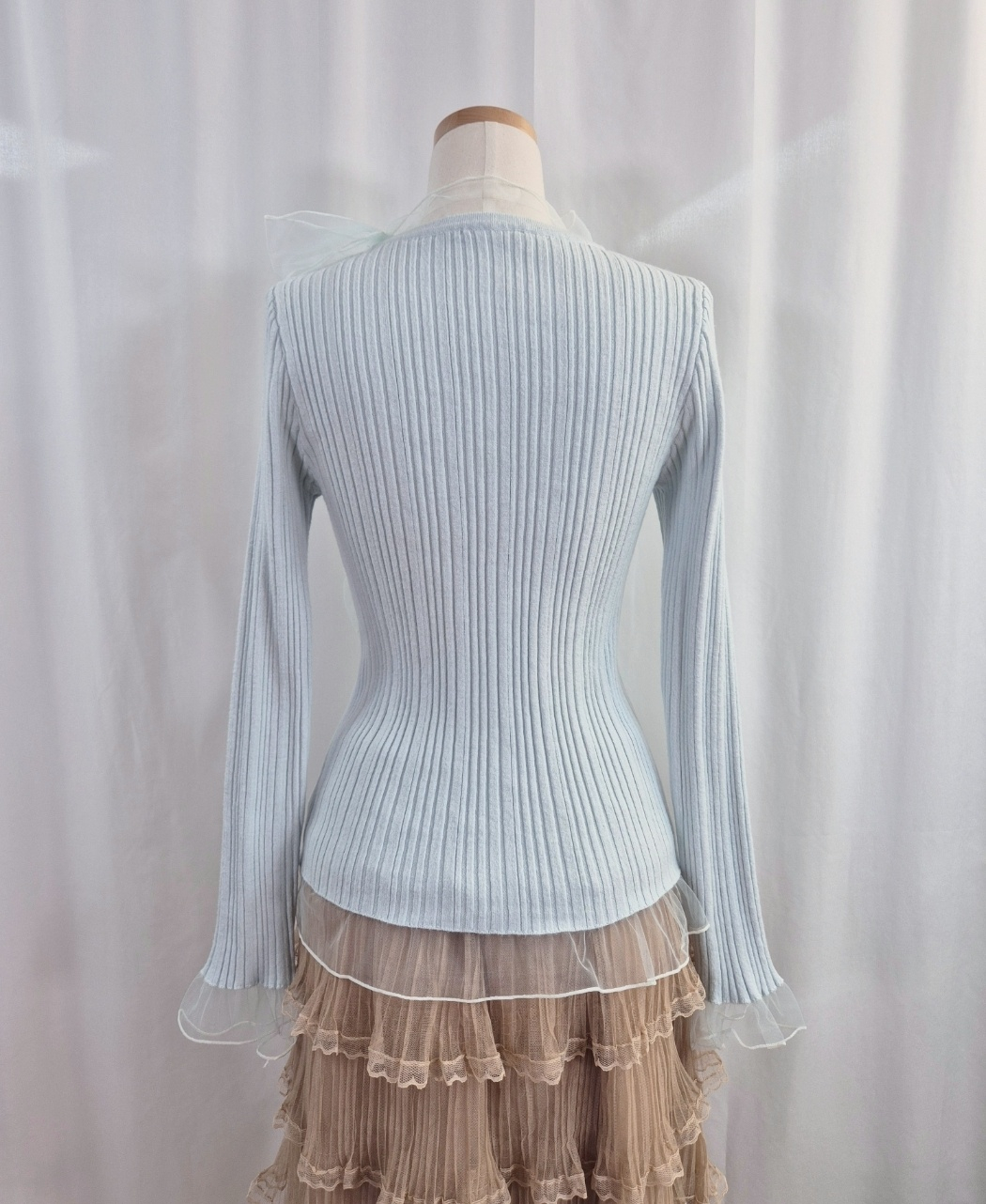 リブレースコンビリボンラウンドネックフリルスリム長袖ニット | 詳細画像17