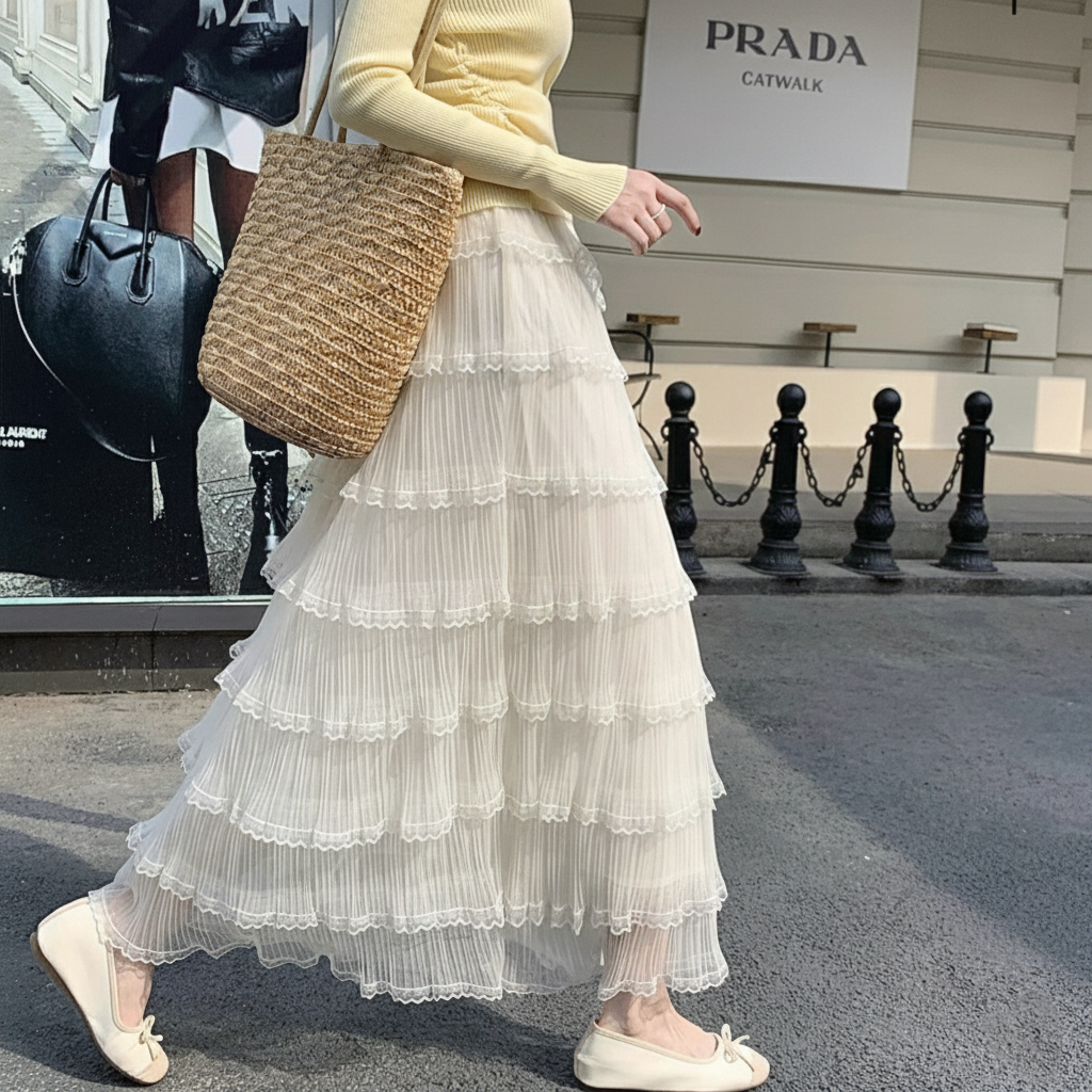 レースメッシュプリーツティアードウエストゴムロングスカート | 詳細画像2