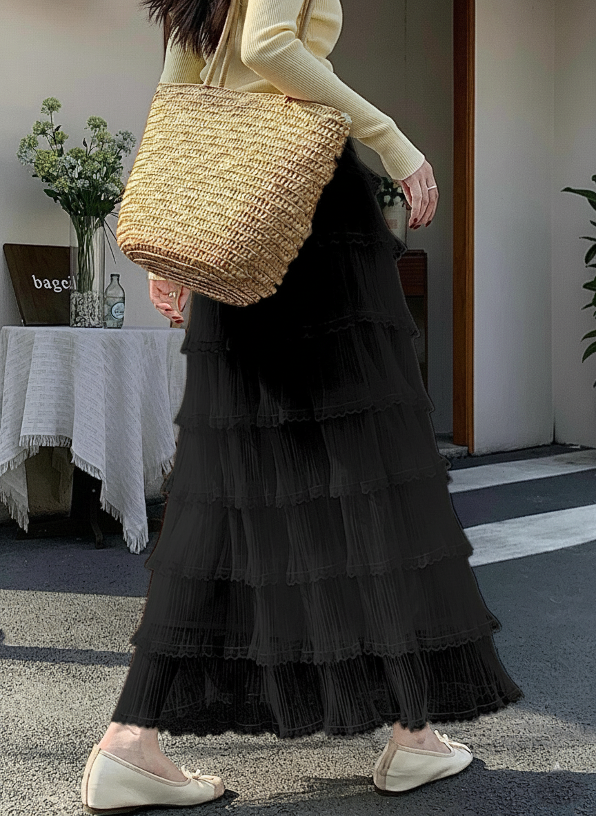 レースメッシュプリーツティアードウエストゴムロングスカート | 詳細画像3