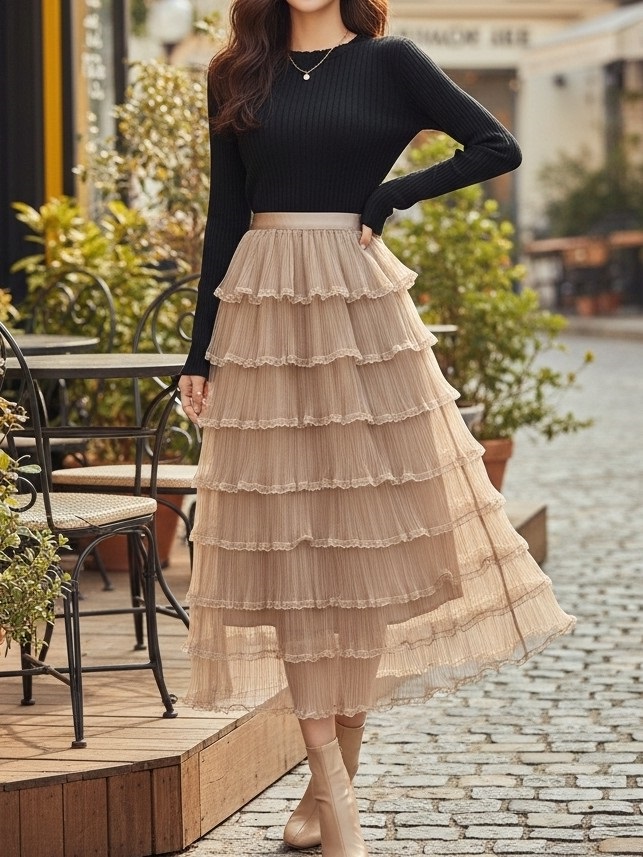 レースメッシュプリーツティアードウエストゴムロングスカート | 詳細画像5