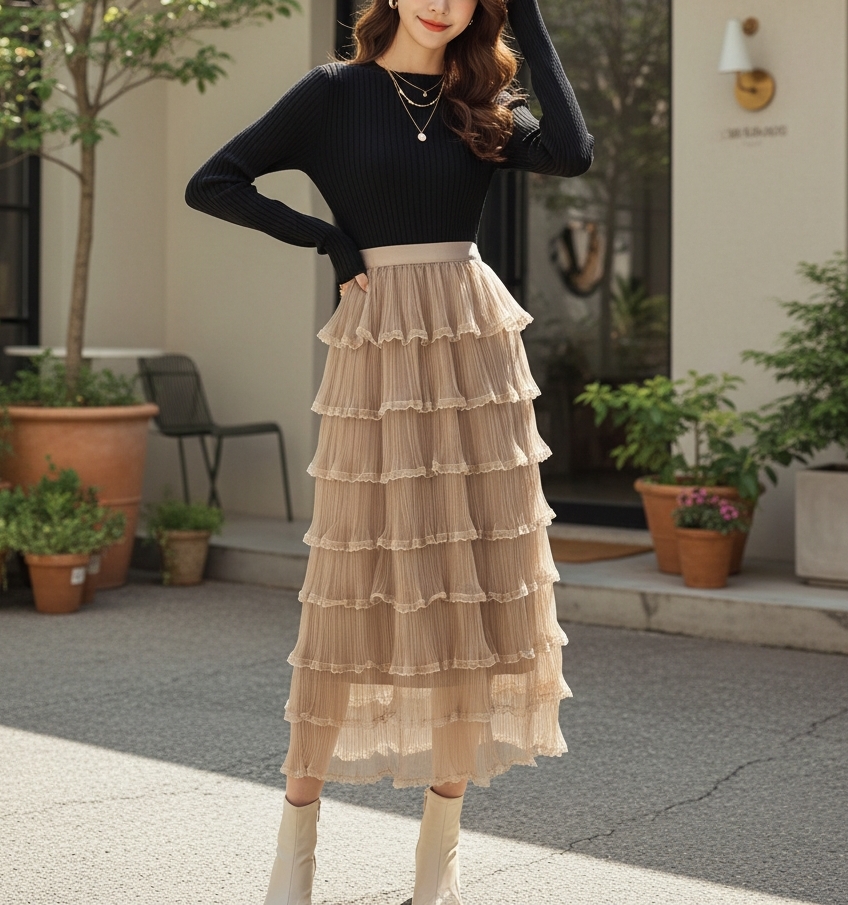 レースメッシュプリーツティアードウエストゴムロングスカート | 詳細画像4