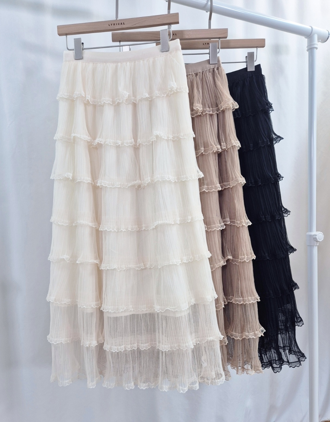 レースメッシュプリーツティアードウエストゴムロングスカート | 詳細画像7