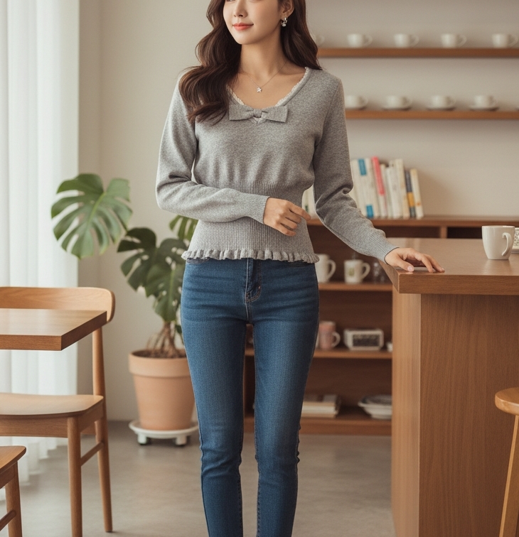 レースリボンVネックフリルレイヤード風ニット | 詳細画像3