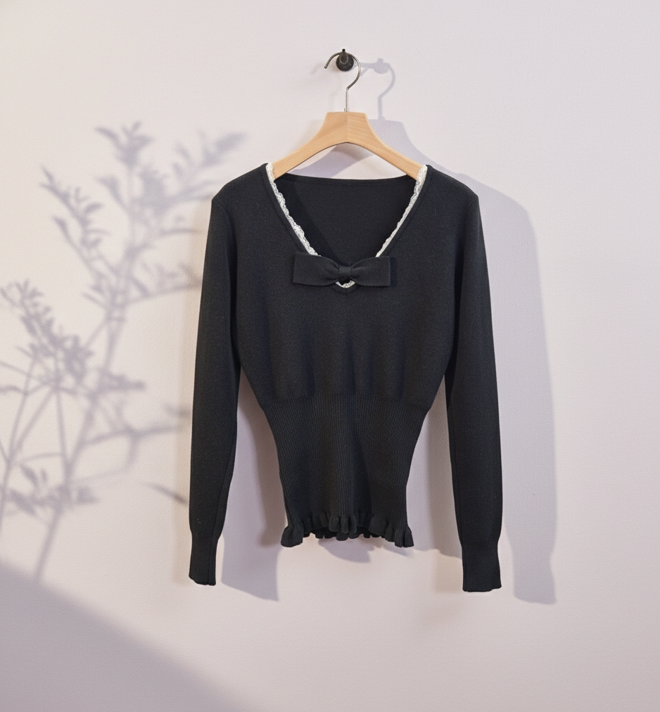レースリボンVネックフリルレイヤード風ニット | 詳細画像9