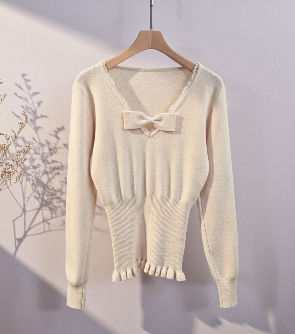 レースリボンVネックフリルレイヤード風ニット | 詳細画像8