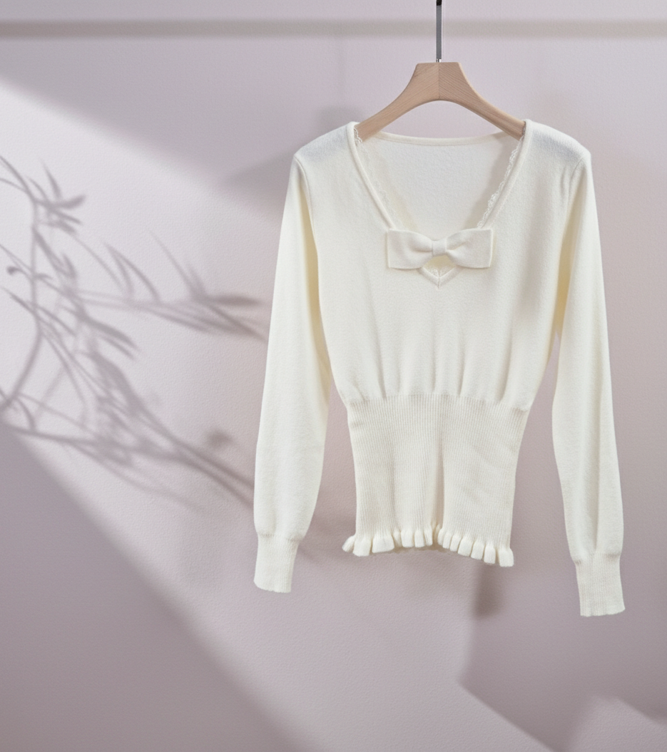 レースリボンVネックフリルレイヤード風ニット | 詳細画像7