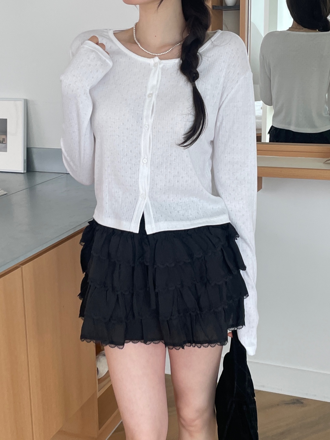 リブボタンラウンドネックルーズ長袖セミクロップドカーディガン | 詳細画像2