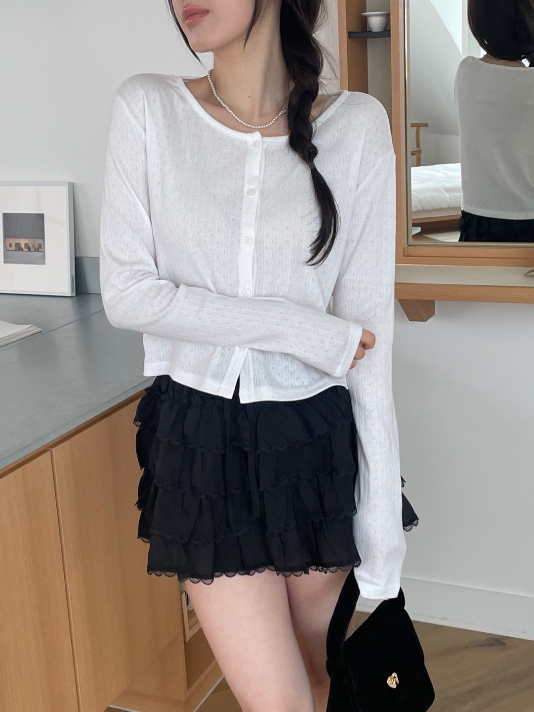 リブボタンラウンドネックルーズ長袖セミクロップドカーディガン | 詳細画像3