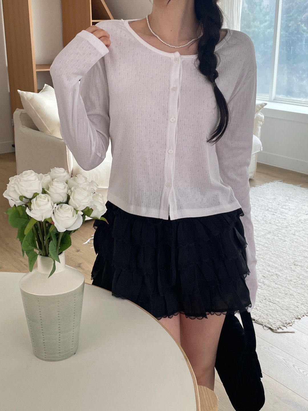 リブボタンラウンドネックルーズ長袖セミクロップドカーディガン | 詳細画像4