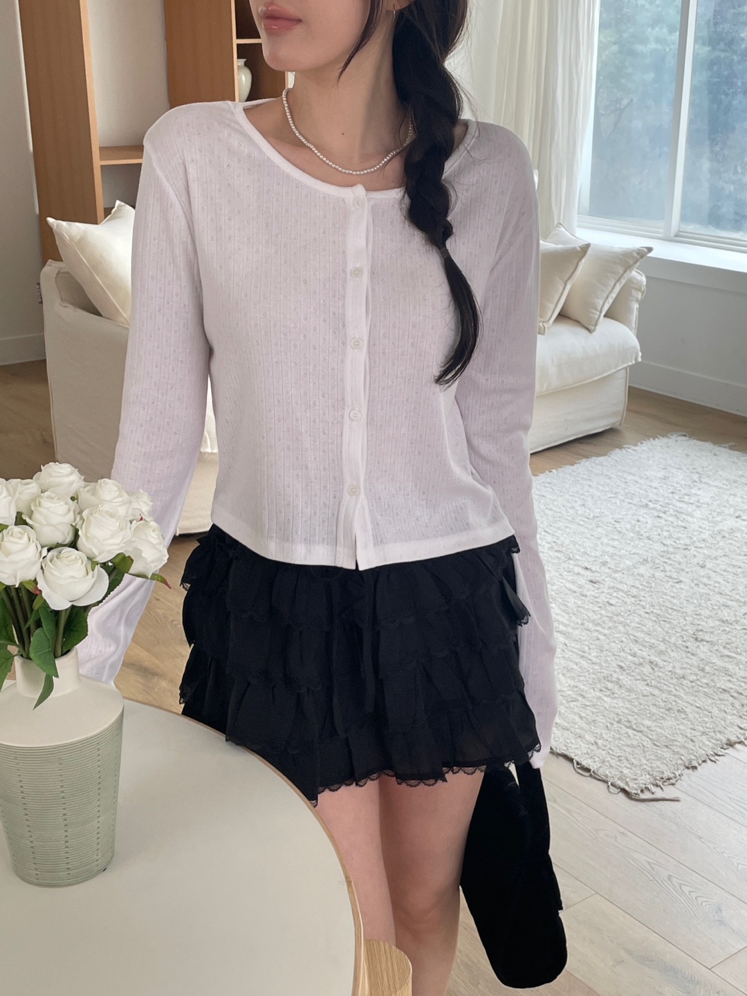 リブボタンラウンドネックルーズ長袖セミクロップドカーディガン | 詳細画像5