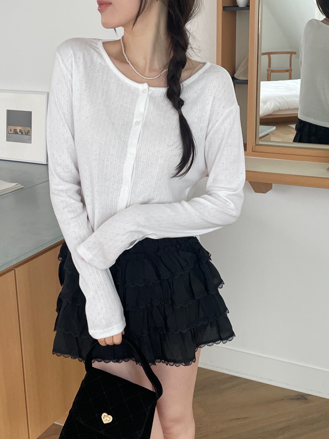 リブボタンラウンドネックルーズ長袖セミクロップドカーディガン | 詳細画像6