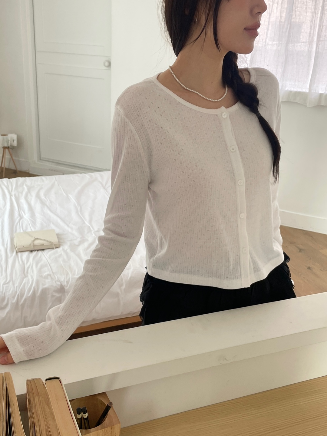 リブボタンラウンドネックルーズ長袖セミクロップドカーディガン | 詳細画像8