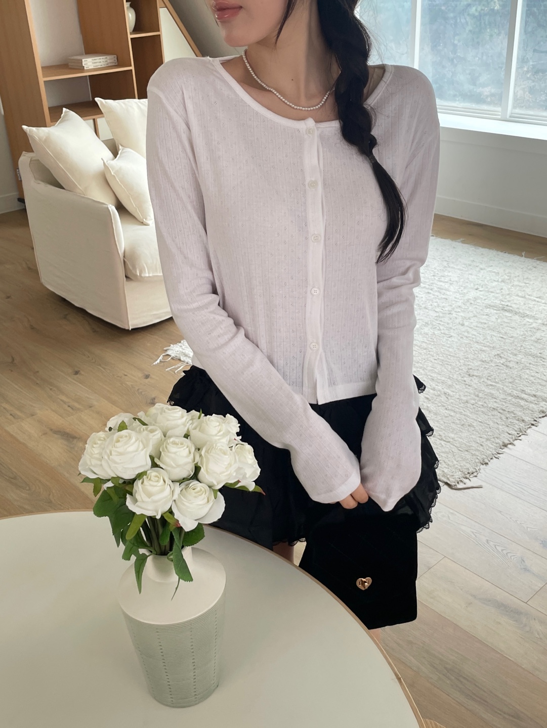 リブボタンラウンドネックルーズ長袖セミクロップドカーディガン | 詳細画像10