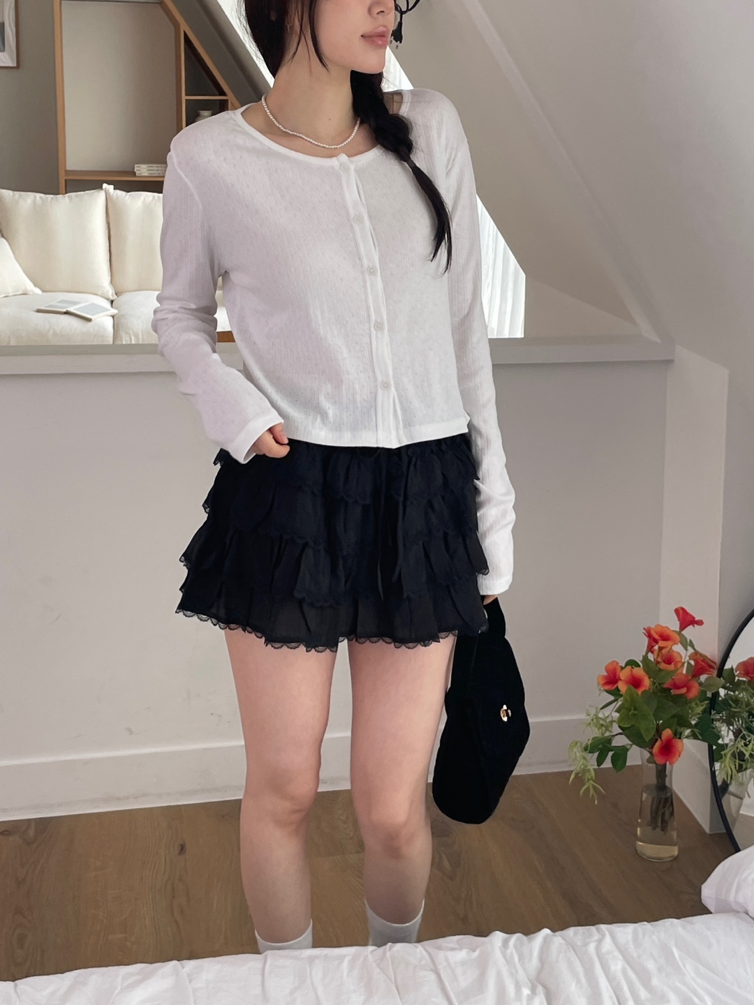 リブボタンラウンドネックルーズ長袖セミクロップドカーディガン | 詳細画像11