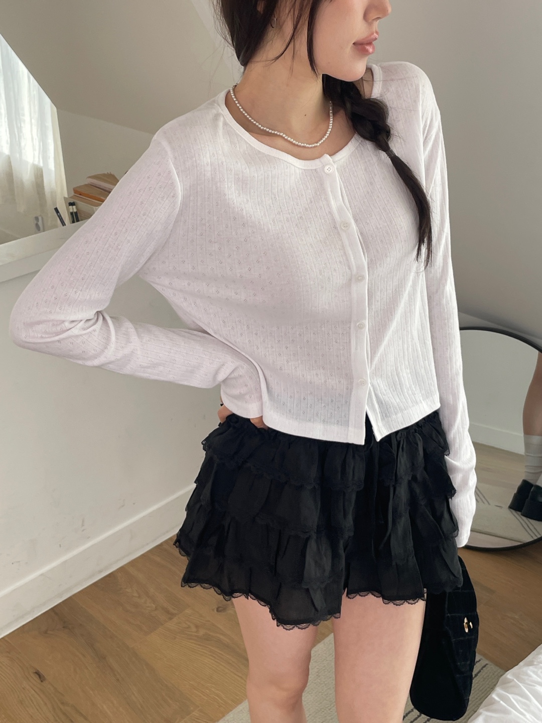 リブボタンラウンドネックルーズ長袖セミクロップドカーディガン | 詳細画像16