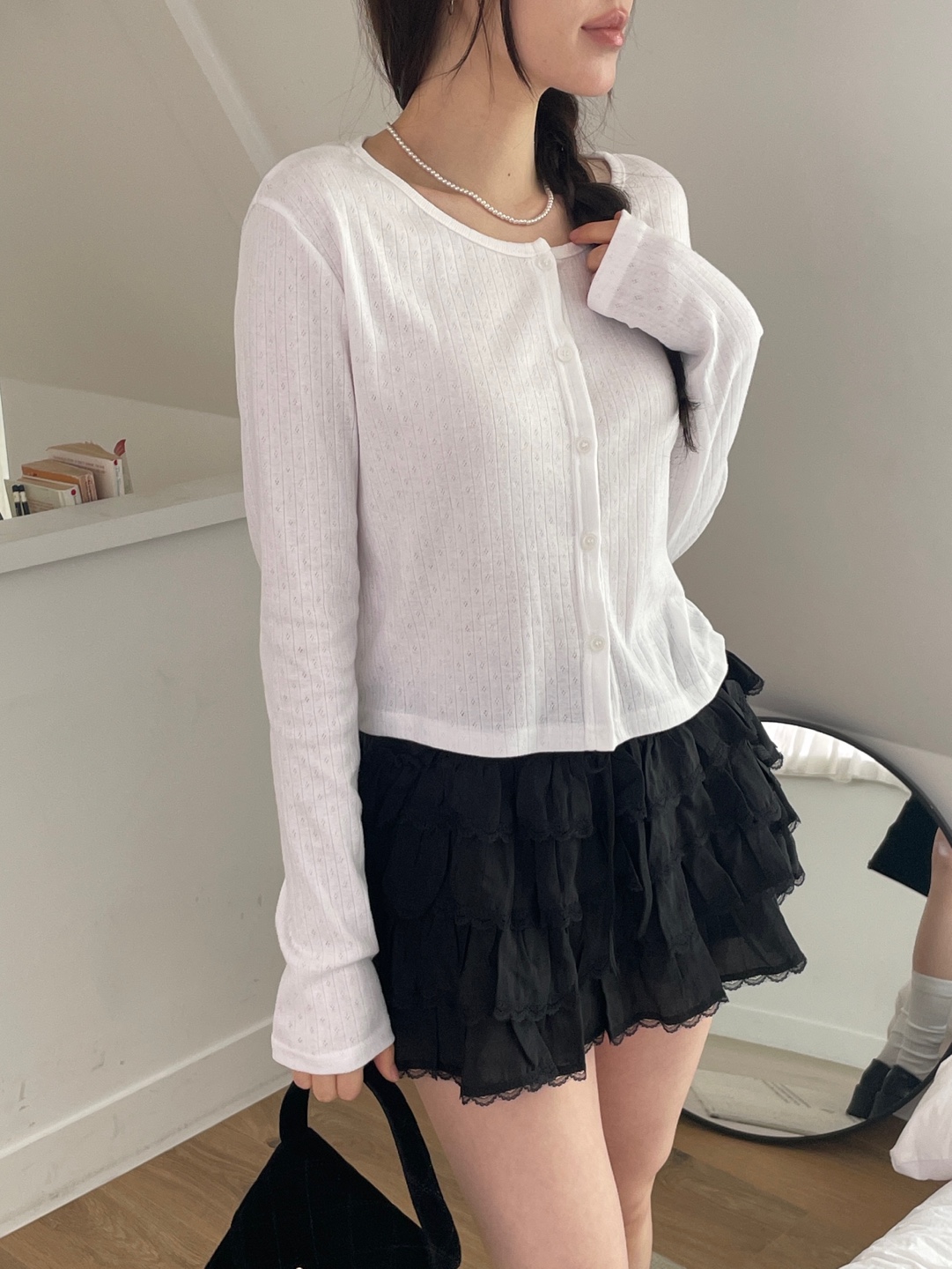 リブボタンラウンドネックルーズ長袖セミクロップドカーディガン | 詳細画像17