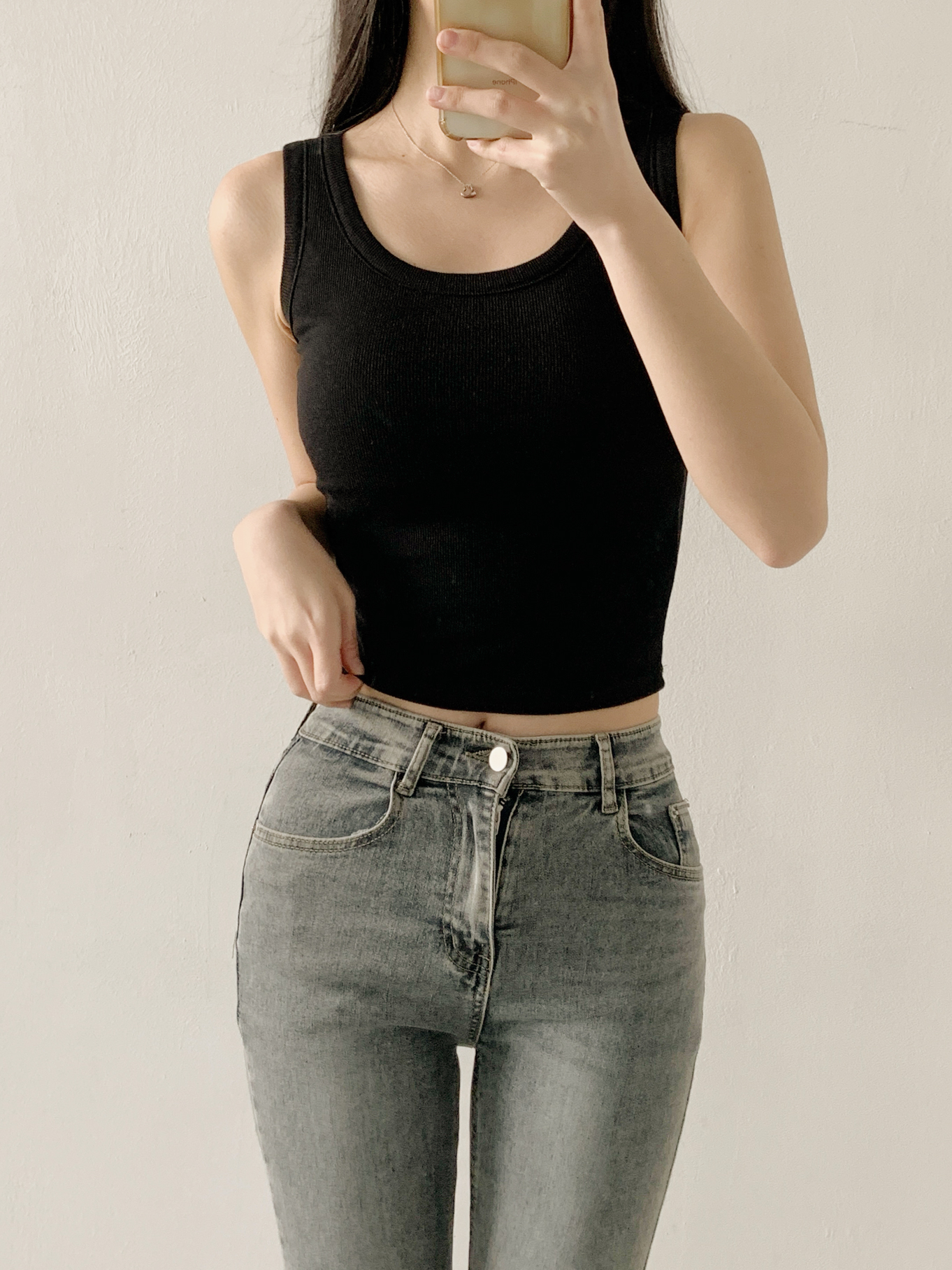 リブUネックカップスリムセミクロップド無地ノースリーブ | 詳細画像5