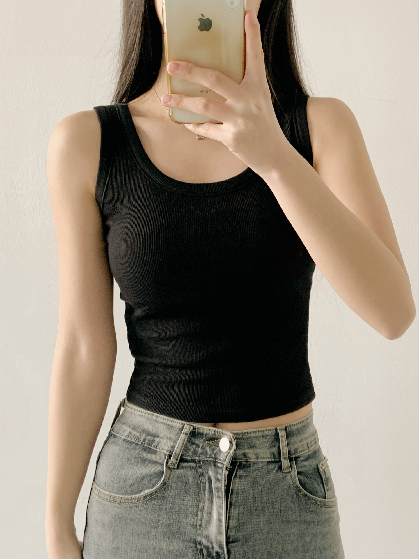 リブUネックカップスリムセミクロップド無地ノースリーブ | 詳細画像2